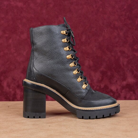 Tory Burch Women Black Leather Miller Lace up Dress Lug Sole Boots size 7 - Picture 9 of 9